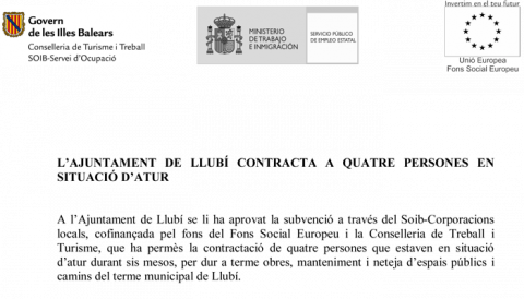 L’Ajuntament de Llubí contracta a quatre persones en situació d’atur